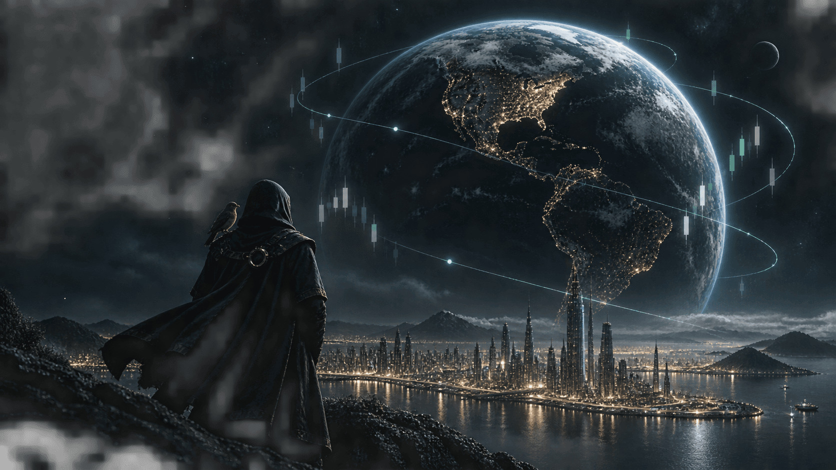 Earth at night with orbital market trails and a guardian overlooking a future city